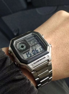 卡西欧 Casio 胡一天同款 学生复古银方块石英钢带AE-1200WHD-1