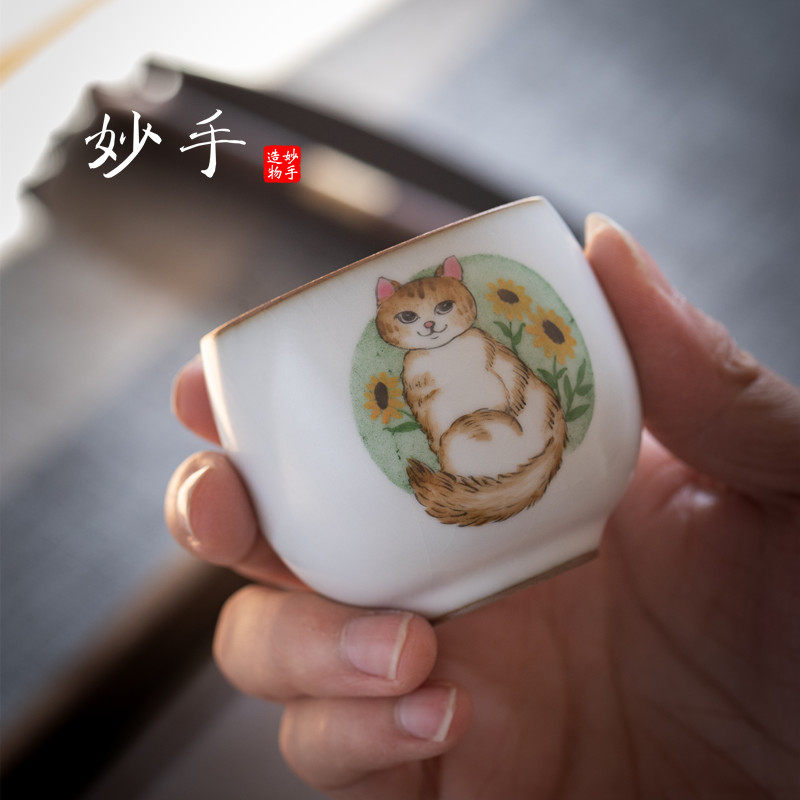 景德镇汝窑开片茶杯艺人手绘小猫功夫茶具主人杯单杯女品茶杯可养