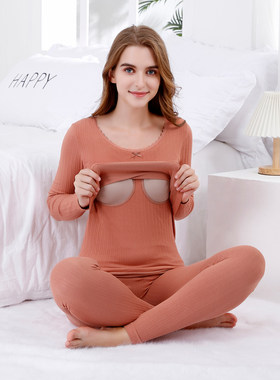 产后哺乳保暖内衣秋冬打底无缝修身哺乳衣 哺乳开口秋衣秋裤黑色