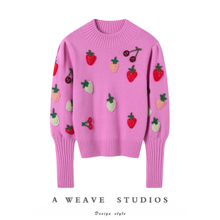 女羊绒毛衣秋冬加厚 纯手工钩花草莓半高领羊绒衫 颜值版 型绝绝子