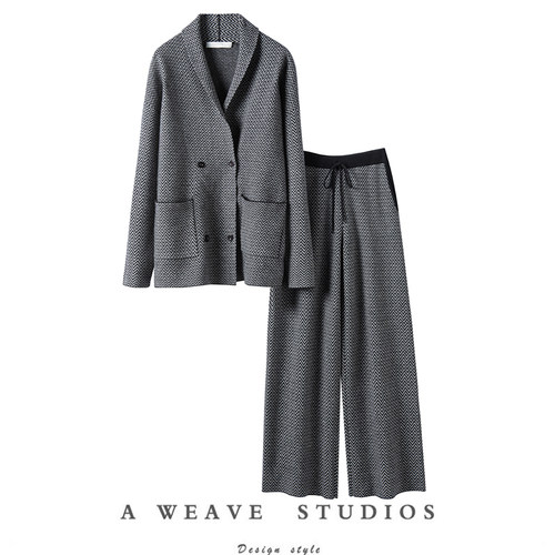 山羊绒波普人字纹印花开衫阔腿裤