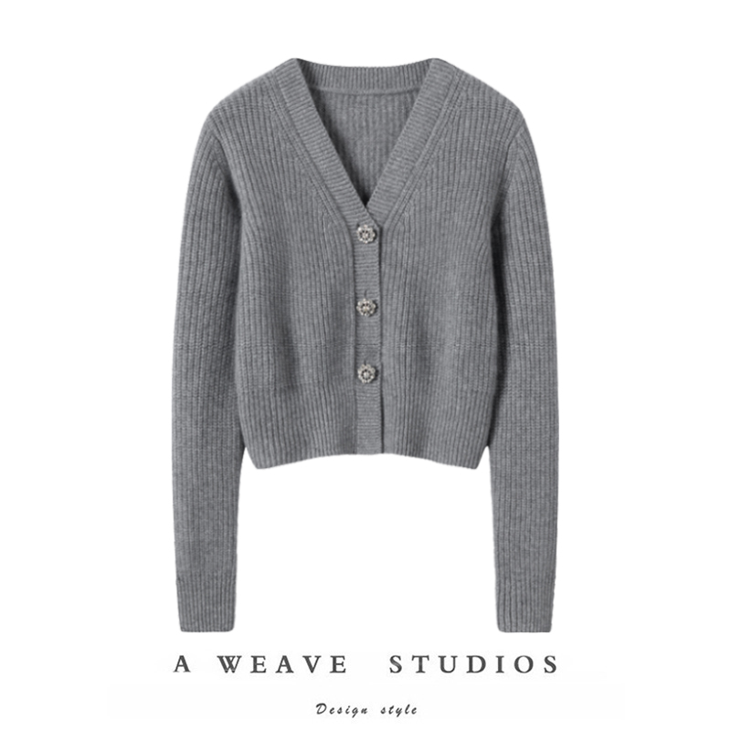 优雅!钻石花瓣扣加厚V领羊绒开衫女纯羊绒毛衣短款针织开衫外套