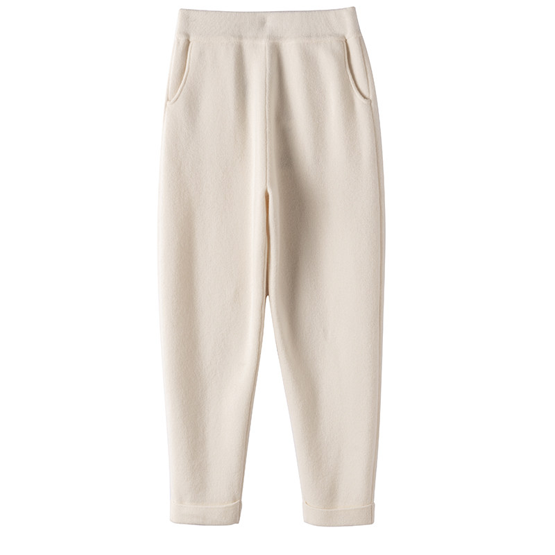 髙腰毛针织休闲裤女显瘦小脚羊绒裤显瘦松紧腰铅笔长裤