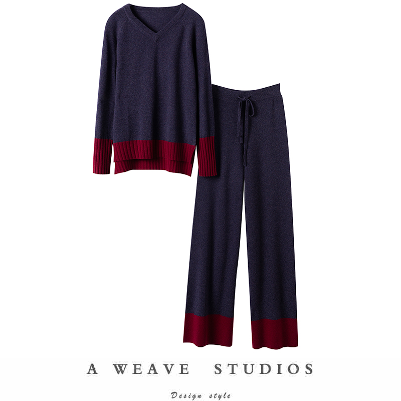 拼色V领毛衣阔腿紫色羊绒套装