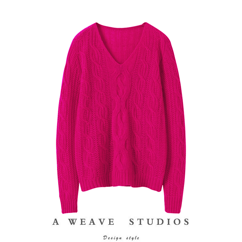 V领绞花羊绒衫女宽松羊绒衫抓人