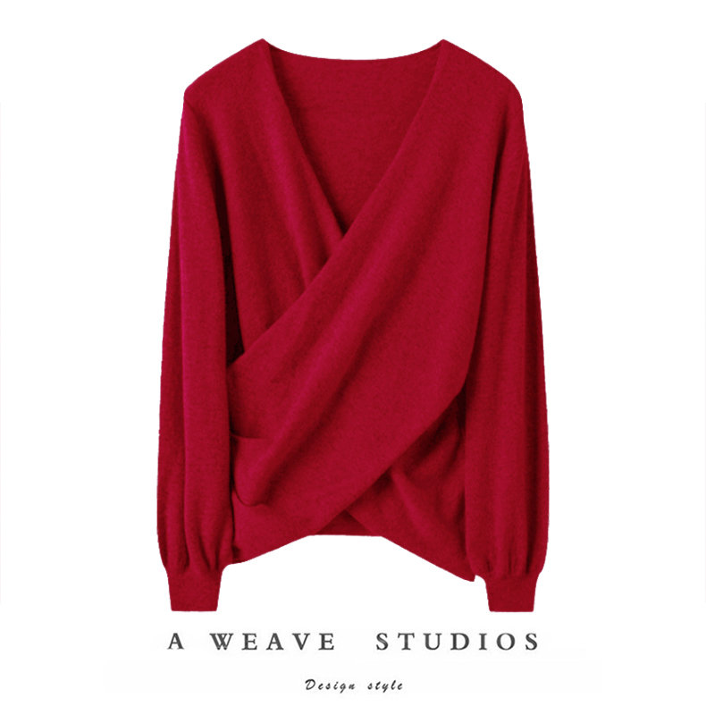 贼拉唯美~气质风向标！V领交叉羊绒衫女纯羊绒毛衣针织衫秋冬新款