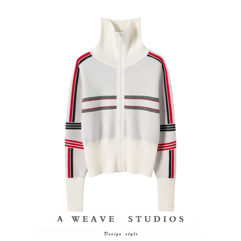 学院风条纹撞色拉链毛衣外套