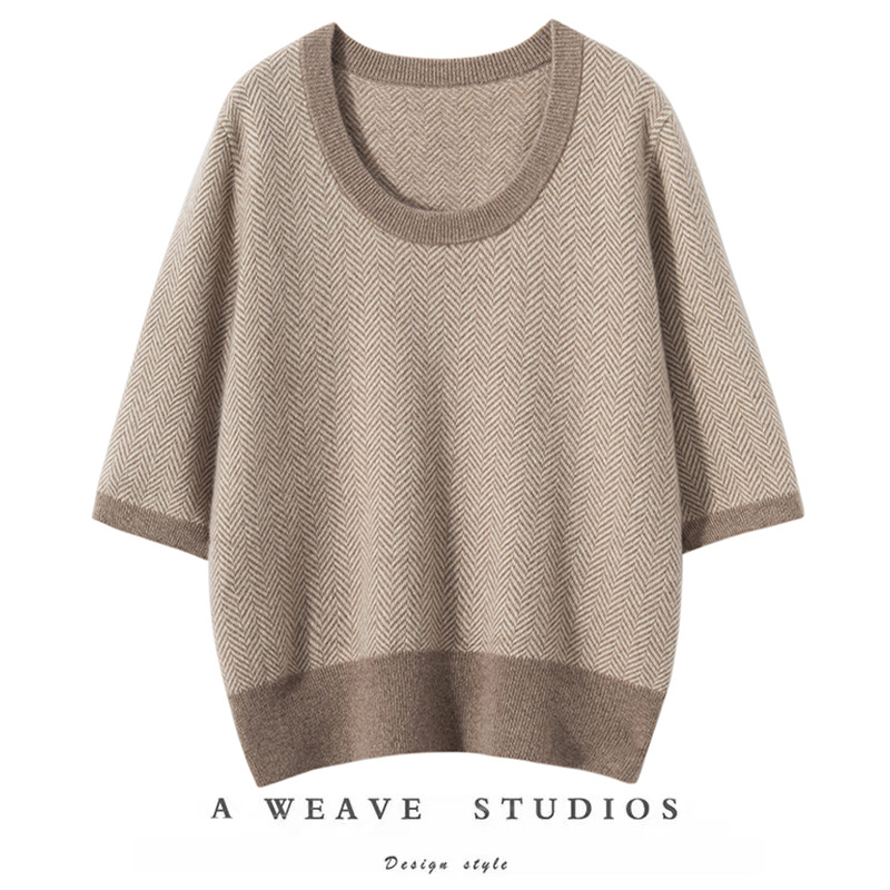 加厚保暖U型圆领羊绒衫女短袖