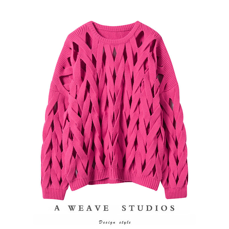 大克重手工编织镂空造型羊绒衫女圆领纯羊绒毛衣厚