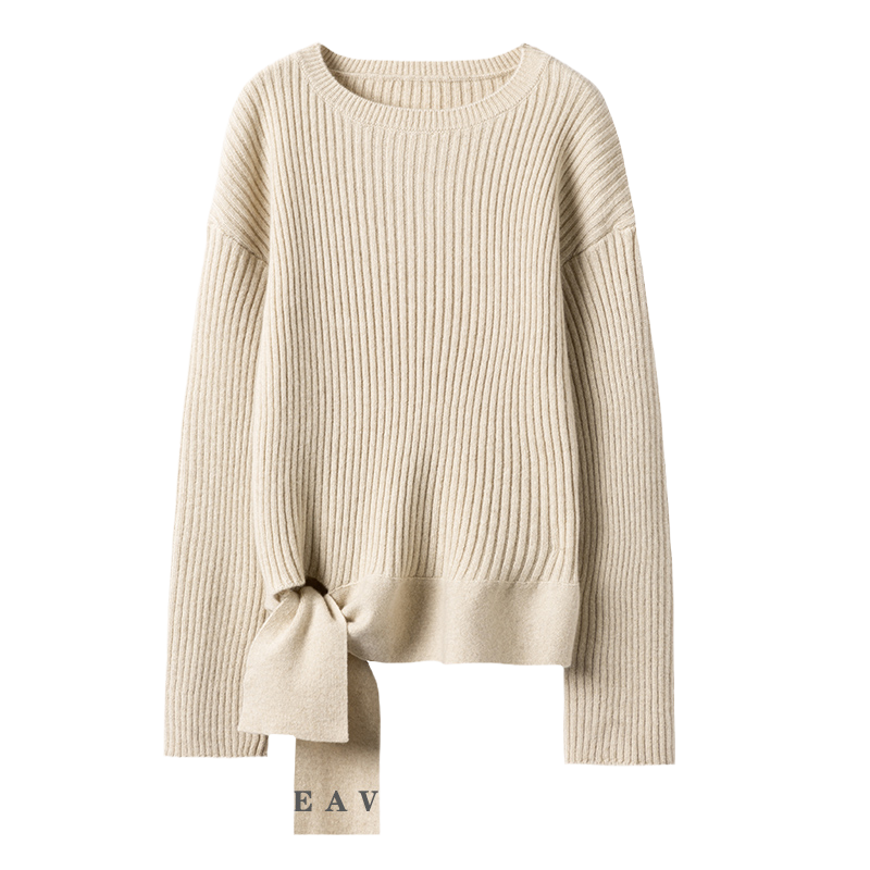 精致细节打败所有~加厚圆领羊绒衫女纯羊绒底摆系带羊绒毛衣宽松