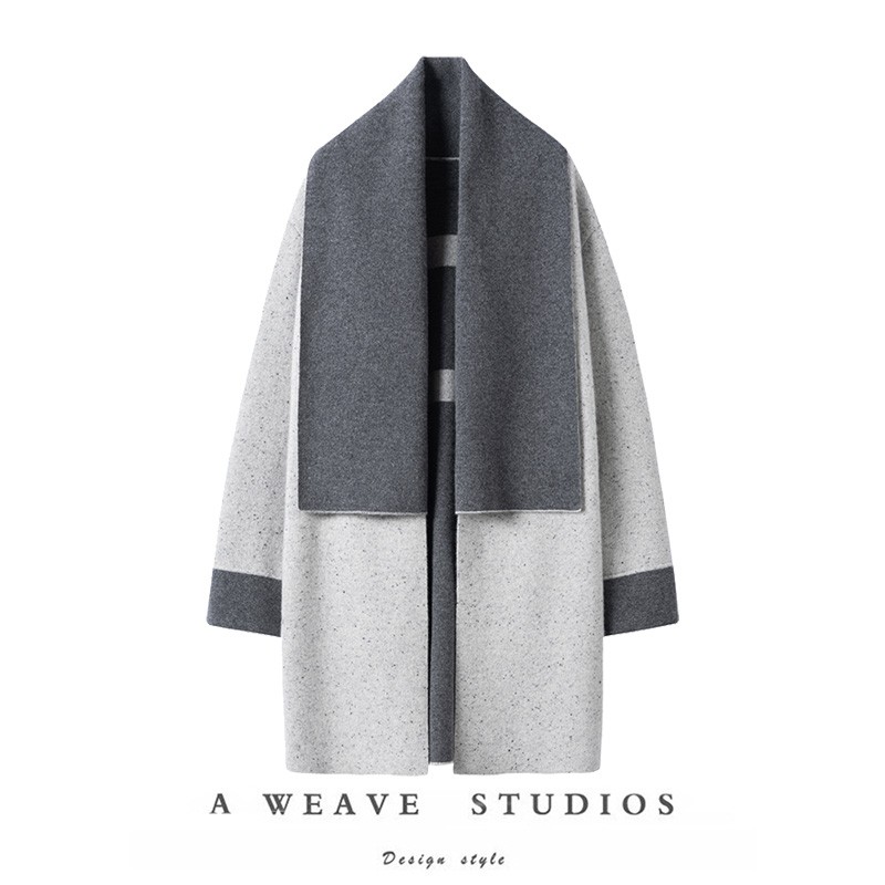 撞色针织飘带领大衣外套