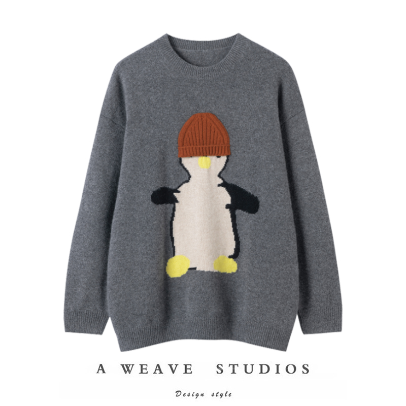 100%羊绒衫圆领女绣花小企鹅