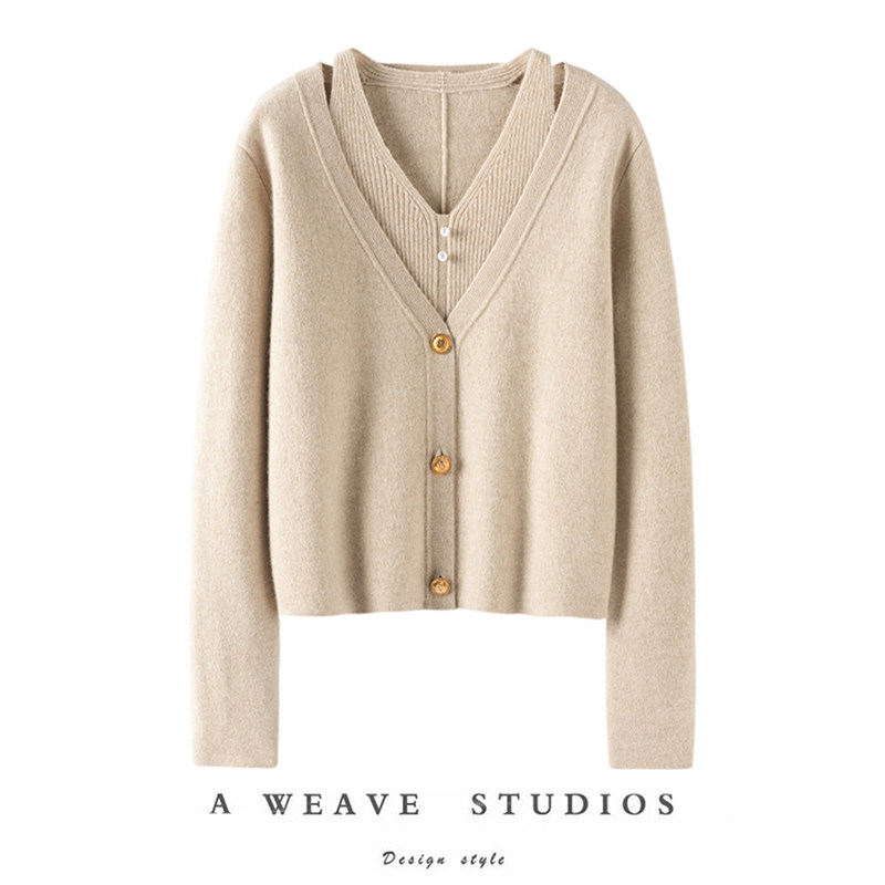 优雅气质兼蓄～双层v领山羊绒开衫女纯羊绒毛衣针织开衫外套秋冬