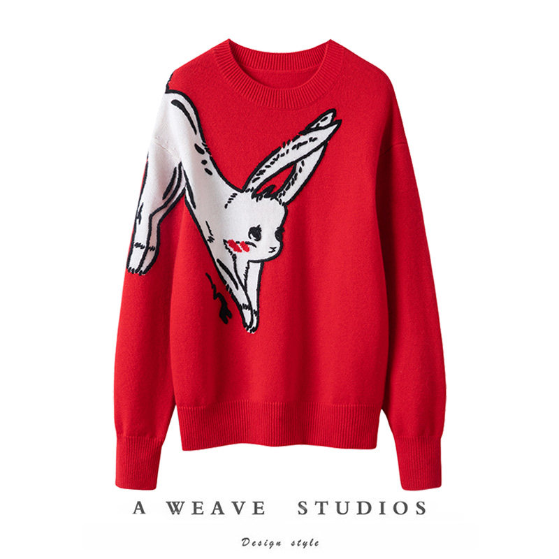 100%纯羊绒艳红色针织羊绒衫女秋冬圆领套头新年战袍