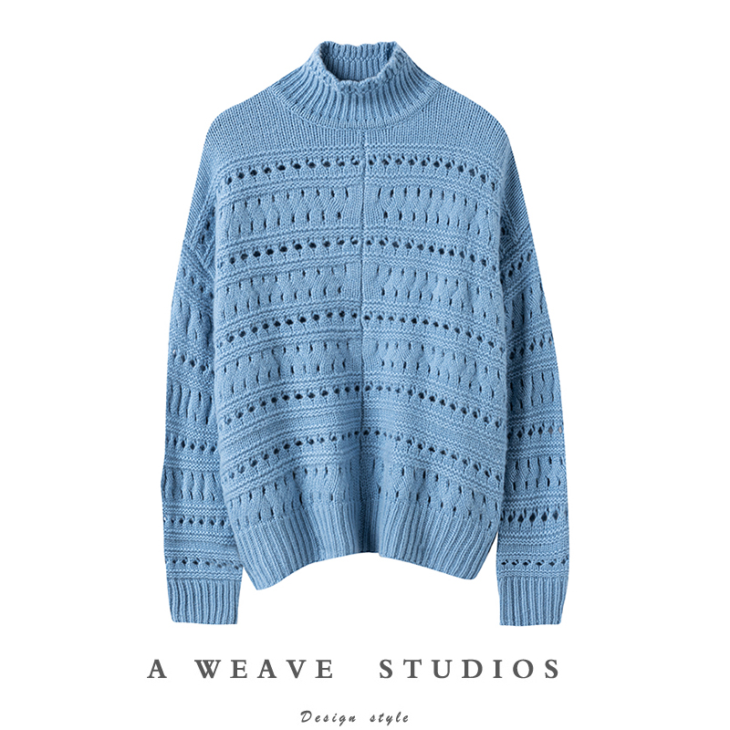 唯美镂空 600克重磅嵿及山羊绒~女半高领宽松长袖套头针织衫2072