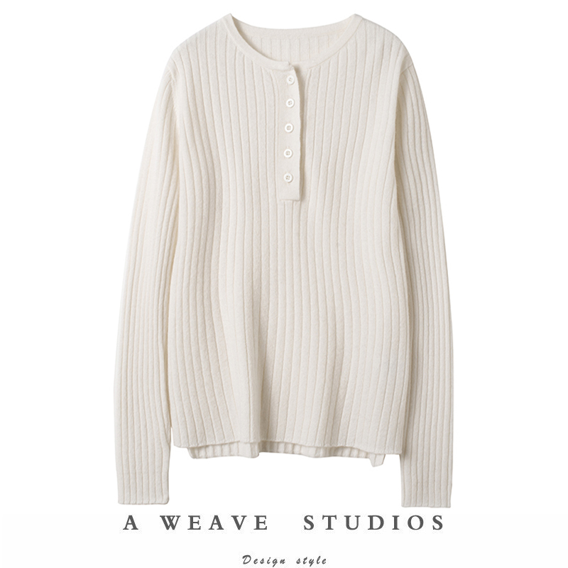 单穿打底都很美！软糯百搭纽扣坑条羊绒衫女纯羊绒毛衣针织打底衫
