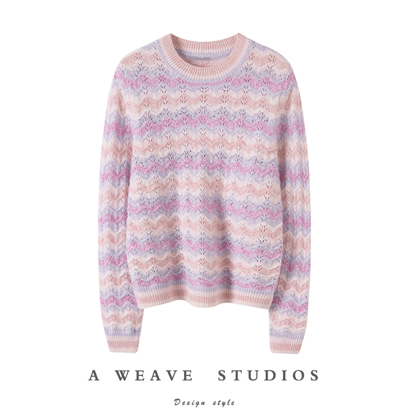 撞色条纹100%纯羊绒上衣女