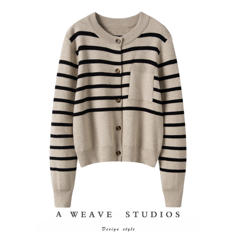 杏色条纹纯羊绒针织衫女