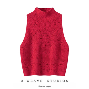 疯狂迷恋 镂空提花羊绒马甲厚 羊绒背心马甲女纯羊绒毛衣立领无袖