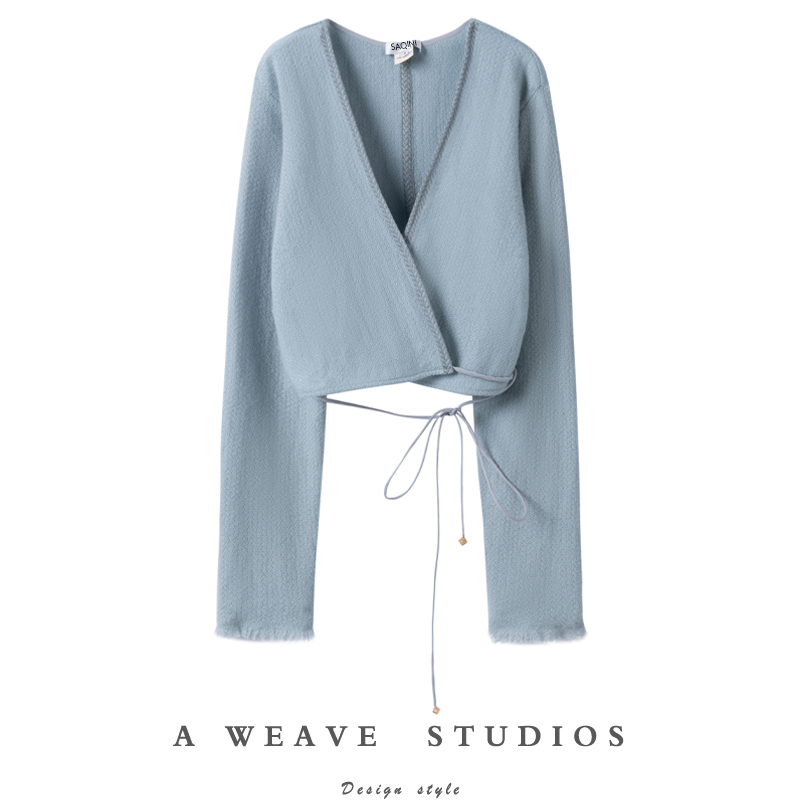 时髦气质!又软又厚又暖纯山羊绒厚度款开衫长袖短上衣外套蓝灰