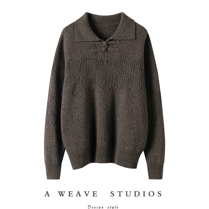 淡写流年~秋冬新款复古中国风盘扣羊绒毛衣 Polo领针织纯羊绒上衣