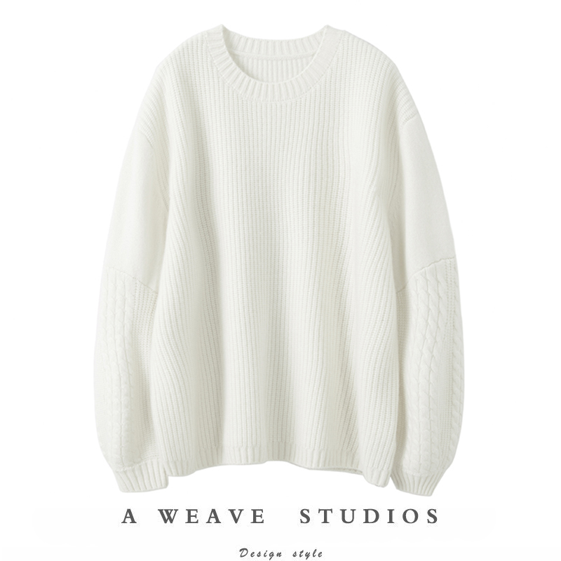 高雅气质~重磅加厚！灯笼袖宽松廓形羊绒衫女纯羊绒毛衣圆领套头