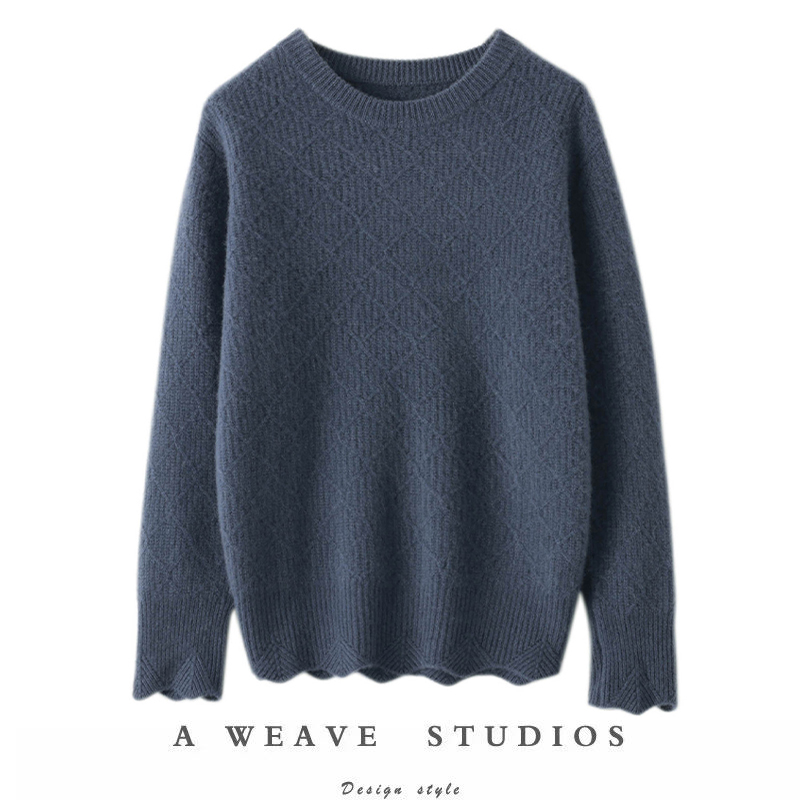 菱形格圆领羊绒衫女纯羊绒毛衣