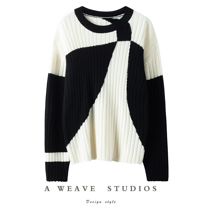 时尚撞色坑条圆领山羊绒衫
