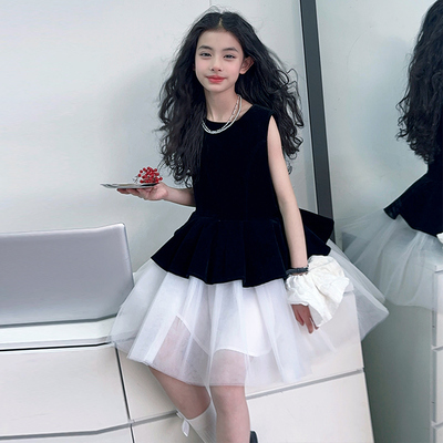 女童夏季公主裙套装2025新款儿童洋气丝绒礼服纱裙中大童收腰上衣