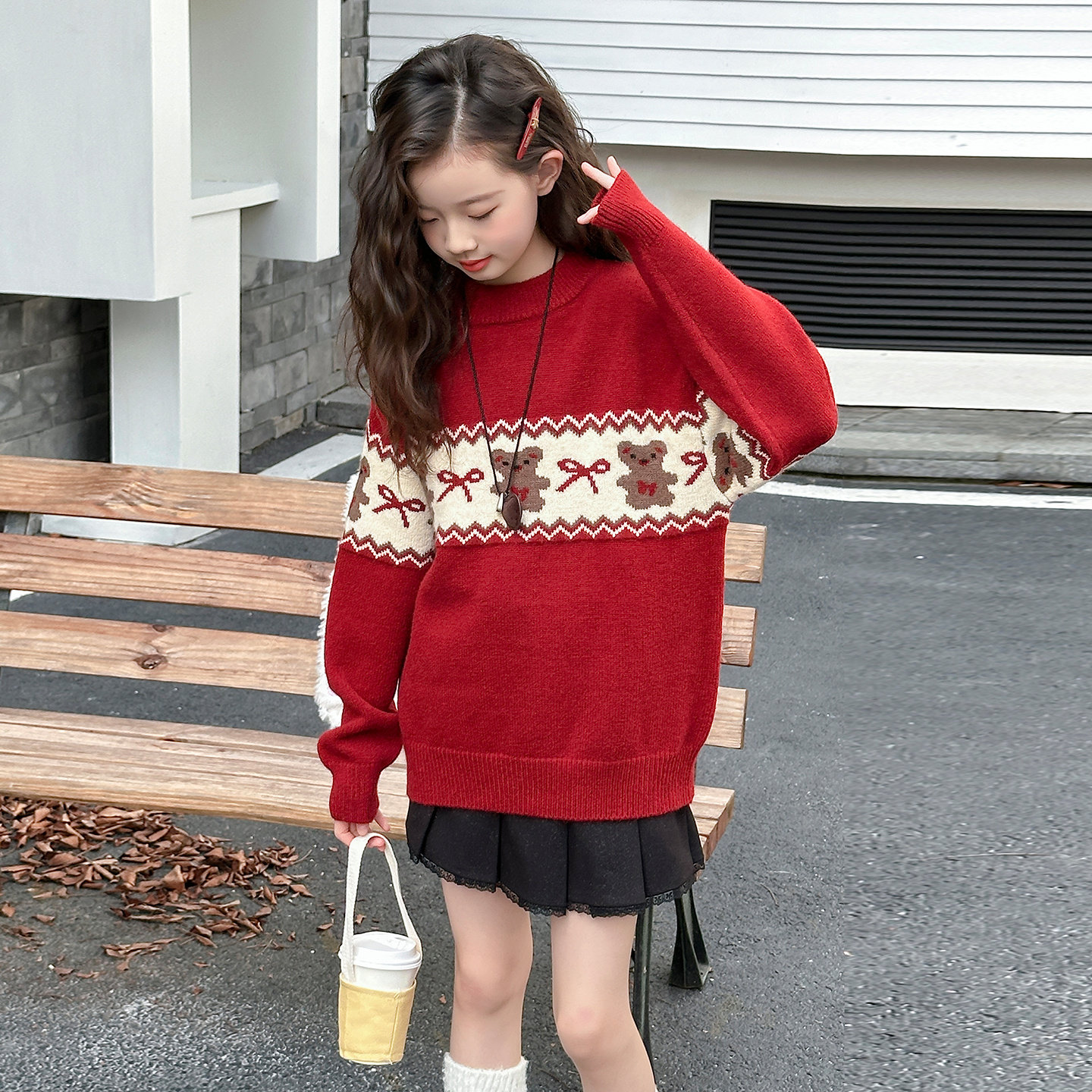 女童毛衣秋冬新款2025时髦女孩加绒针织衫短裙两件套中大童毛线衣