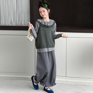 女童套装春款中大童时尚2026新款毛衣马甲打底衫裤子三件套女生潮