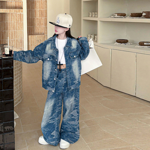 女童套装春季新款时尚中大童2026牛仔上衣裤子女生超酷休闲两件套