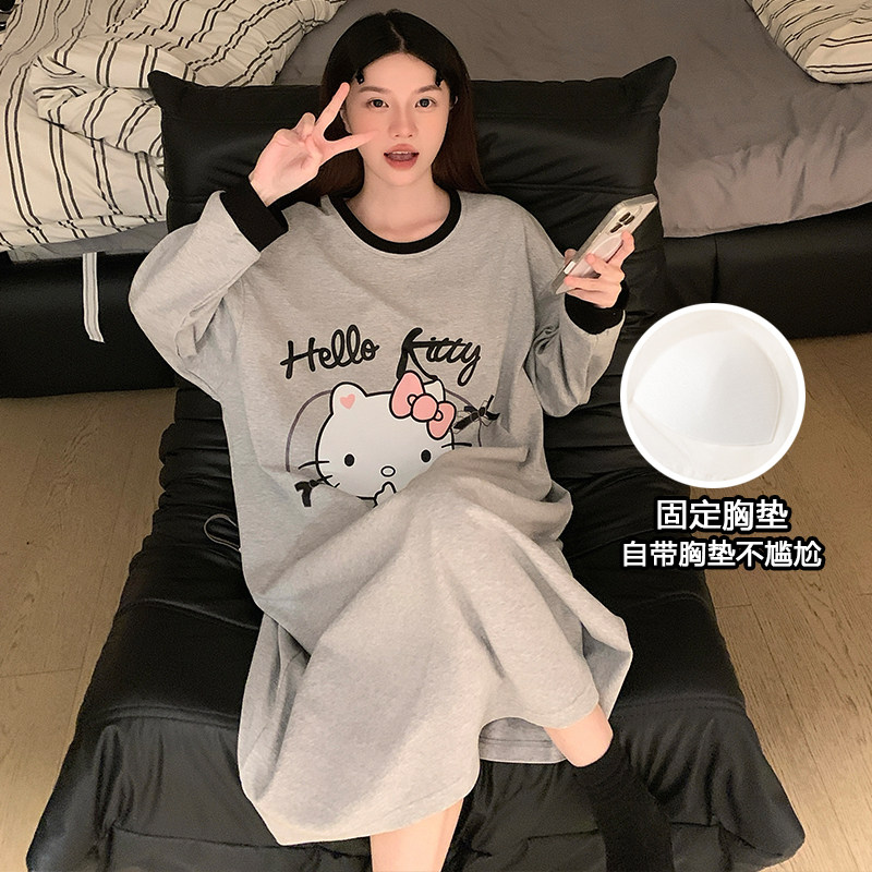 ins风睡裙女春秋季长袖宽松洋气独特别致带胸垫爆款大码纯欲睡衣