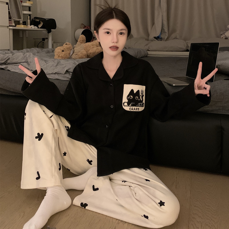 磨毛睡衣女秋冬季长袖德绒2024年新款保暖纯欲风大码家居服套装猫