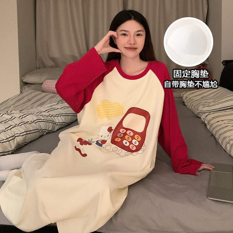 女士睡裙春秋季长袖2025年新款带胸垫网红爆款大码孕妇家居服睡衣