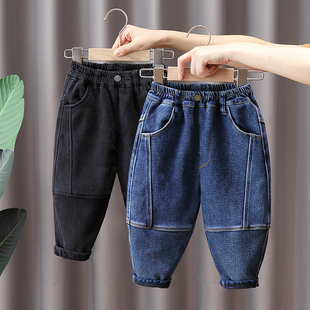 秋冬中小童宝宝裤 宽松弹力老爹裤 子 加绒加厚一体绒长裤 男童牛仔裤