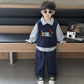 男童春秋马甲套装 坎肩T恤三件套宝宝衣服 2026新款 炸街儿童工装 裤