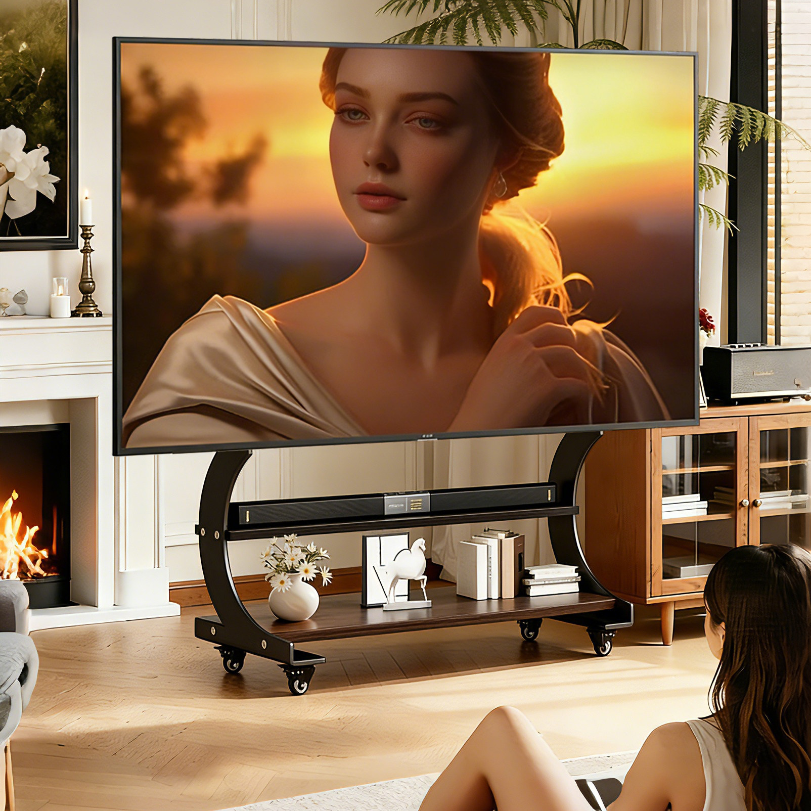 贝石电视移动支架落地电视柜客厅带轮艺术推车75/85/98/100英寸