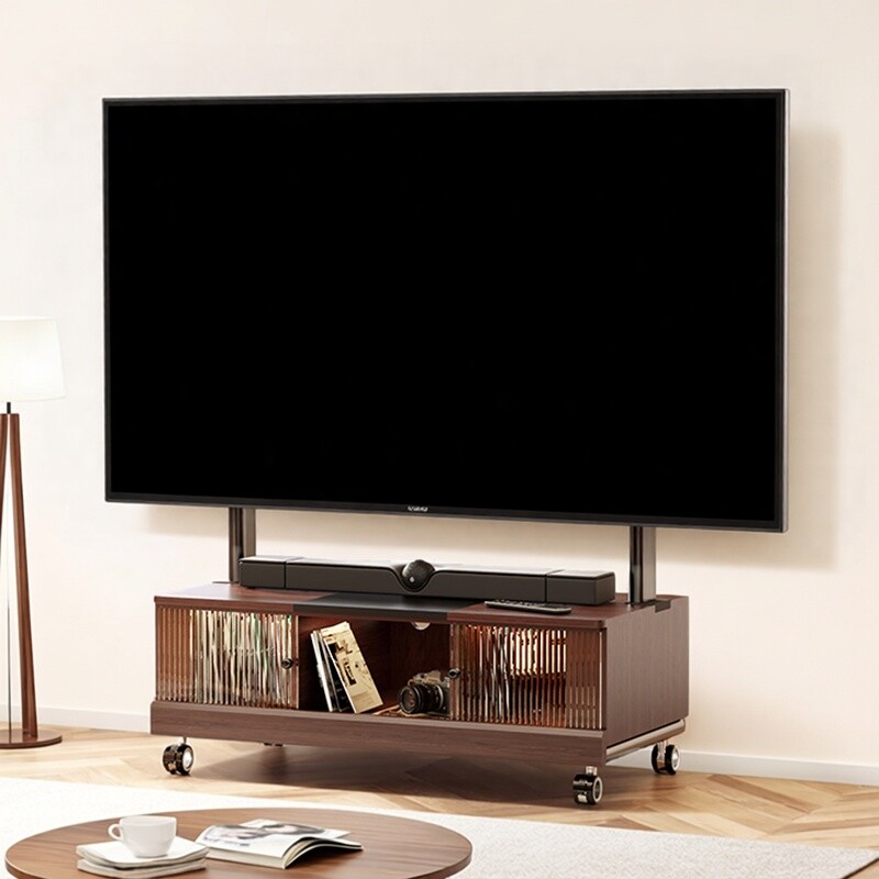 贝石可移动电视机支架客厅小户型落地家用带轮推车中古实木电视柜