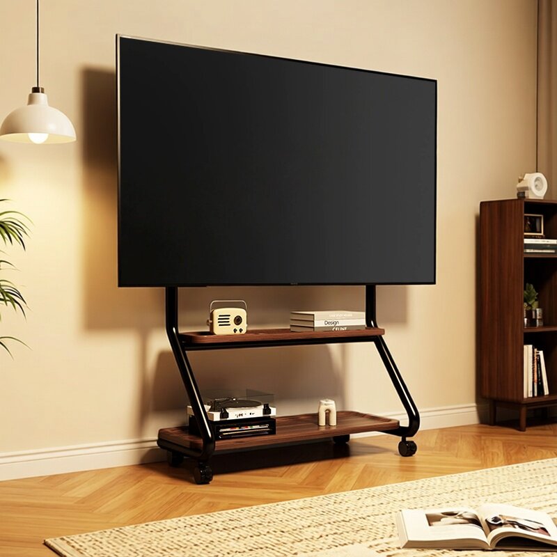 贝石可移动电视机支架实木落地艺术推车55-85英寸不锈钢电视挂架