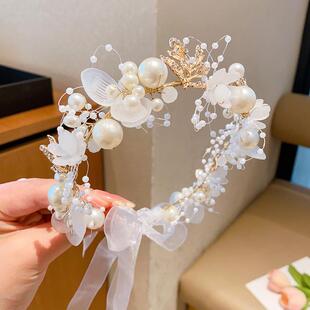 原版儿童飘带花环头饰超仙金色叶子头箍花环珍珠发带新娘花环头饰