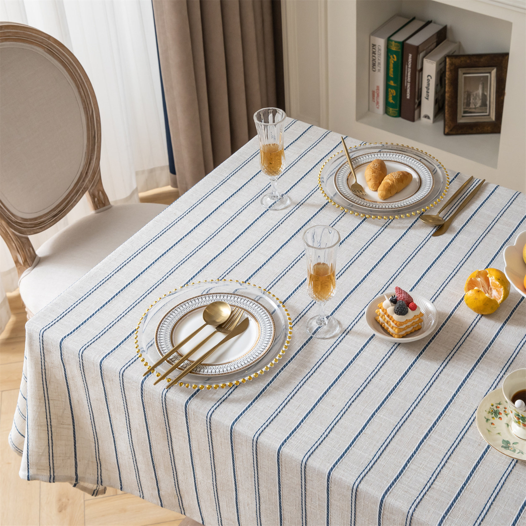 文艺小清新条纹提花餐桌布艺简约蓝条子麻纱盖布长方形茶几氛围感