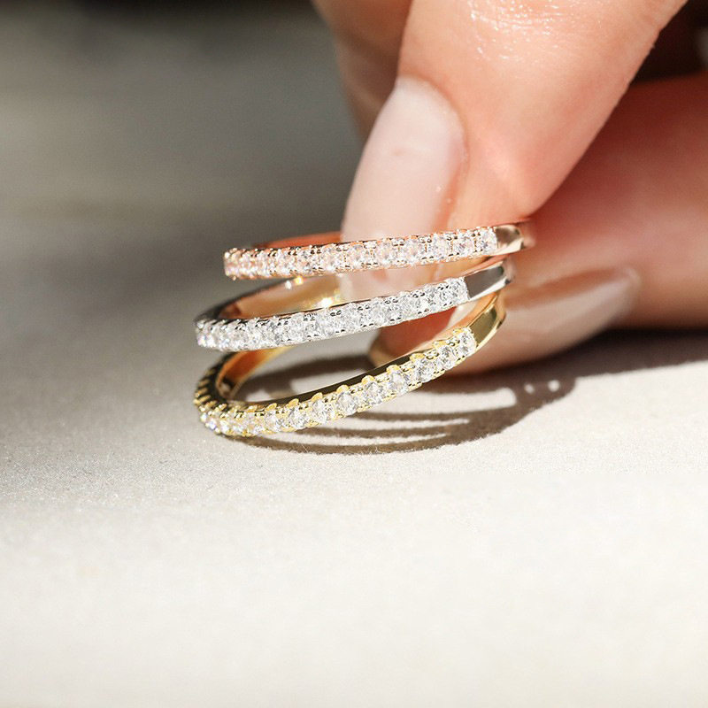 厂家直销天然AAA锆石手饰925纯银爆闪镶排碎钻戒指锆石银指环半圈