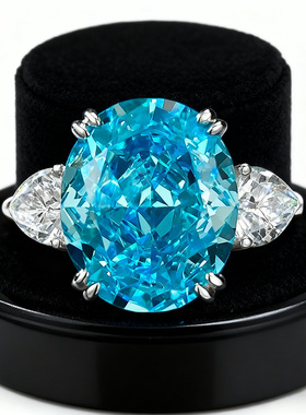 洛熙寺珠宝 2023新款海蓝色冰花切戒指女10*12椭圆欧美潮S925银