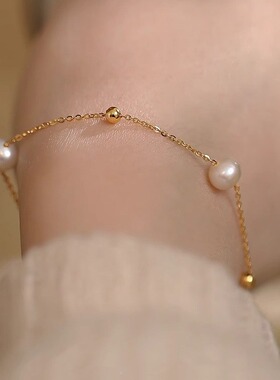 2025新款碎银几两珍珠手链女轻奢气质百搭手镯碎金方块设计送女友