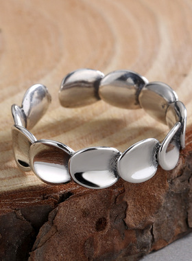 新概念s925银 个性简约光面鱼鳞片戒指冷淡风ins潮流千叶食指环