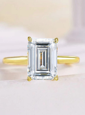 隆隆金珠宝新款S925银高碳钻祖母绿切割长方形7*10欧美爆款指环