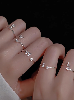 S925纯银26个字母戒指设计个性小众感指环潮轻奢精致素圈开口戒