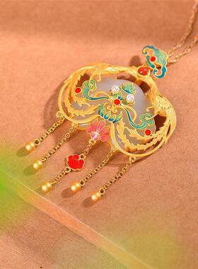 双凤呈祥 925银镶嵌天然和田玉烧蓝吊坠女流苏项链中国风毛衣链