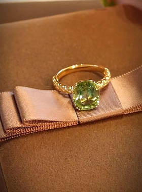 仙璨珠宝 2022新款925银仿真绿碧玺肥方金边女戒欧美时尚戒指ins